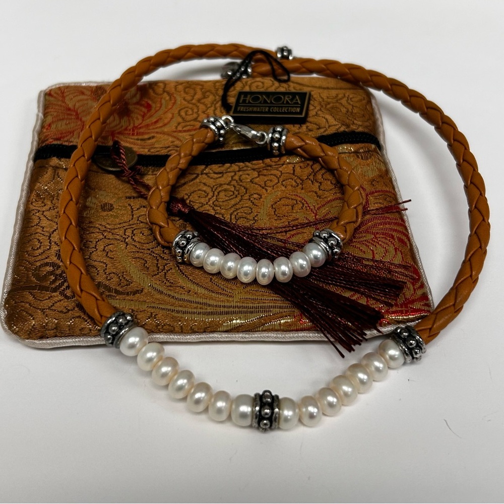 Honora Tan Braided Leather Pearl Necklace and Bracelet Set